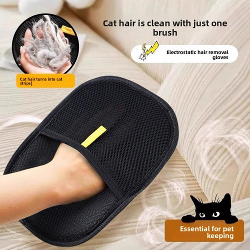 Electrostatic pet hair removal glove collecting dog fur from sofa